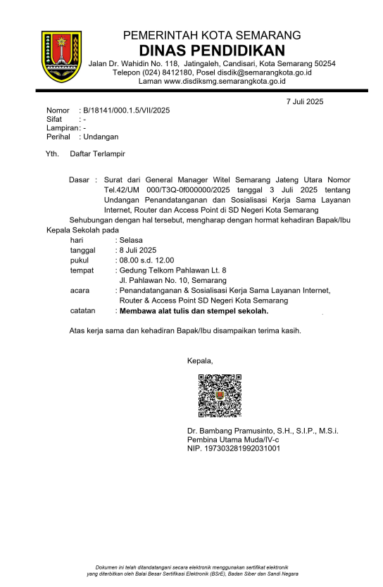 Penandatanganan & Sosialisasi Kerjasama Layanan Internet, Router, & Access Point SD Negeri Kota Semarang